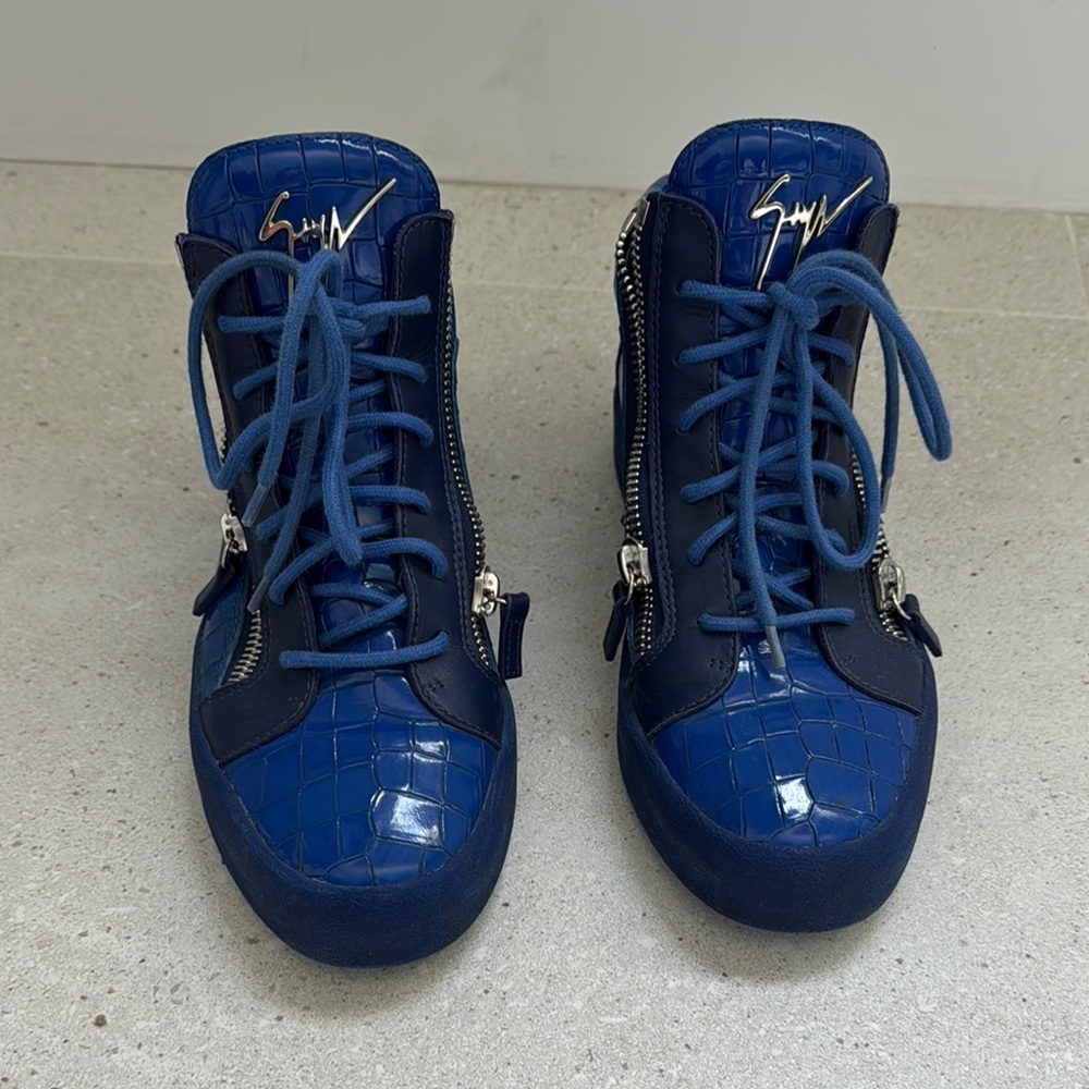 Giuseppe Zanotti croc embossed Blue High-Top Sneakers with Zipper Detail